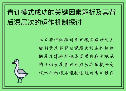 青训模式成功的关键因素解析及其背后深层次的运作机制探讨